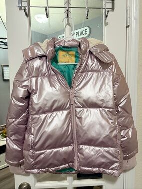 Kids Metallic Lavender Puffer Jacket with Sherpa Trim